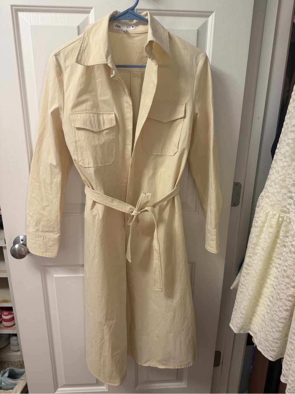 Zara Cream Button-Up Shirt Dress with Waist Tie